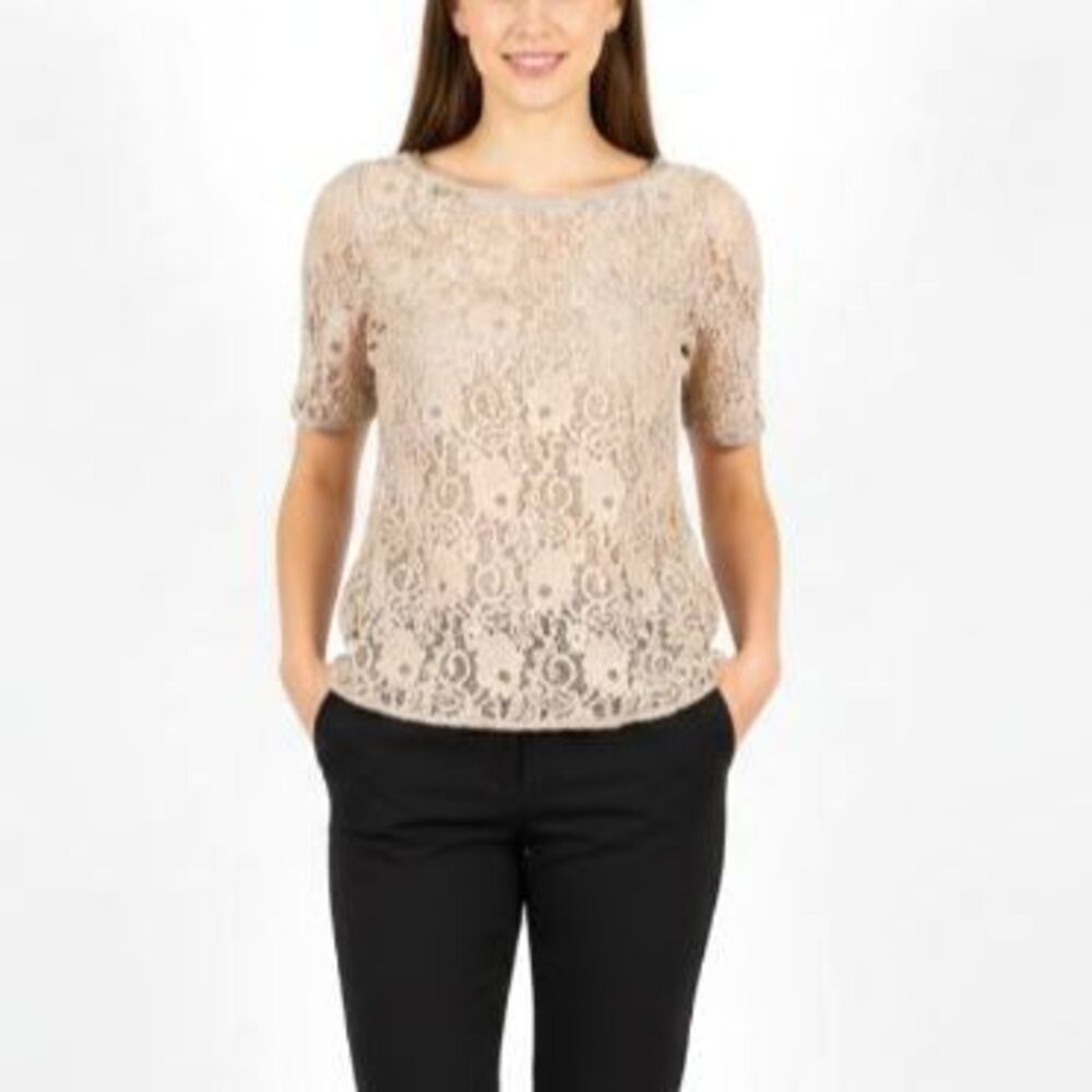Classique Entier Nordstrom Blush-Beige Floral Lace Silk Lined SS Career Top Sz S